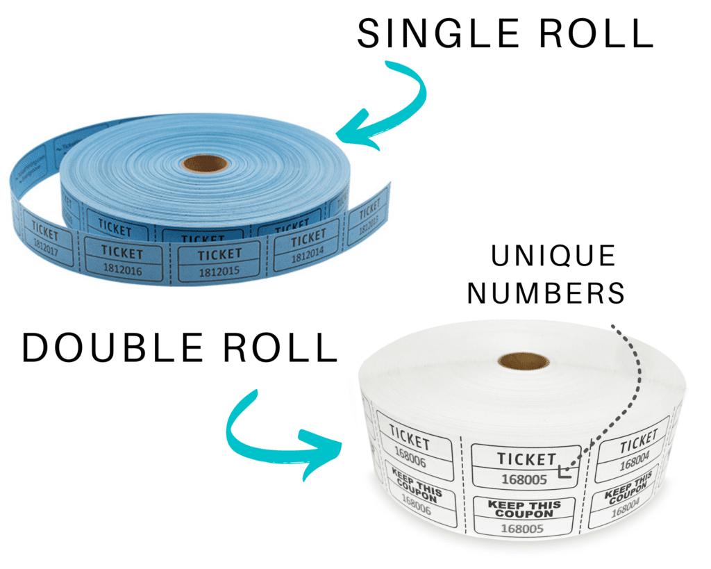 examples of typical single rolls tickets and double roll tickets. The images is meant to illustrate the differences between the two. 